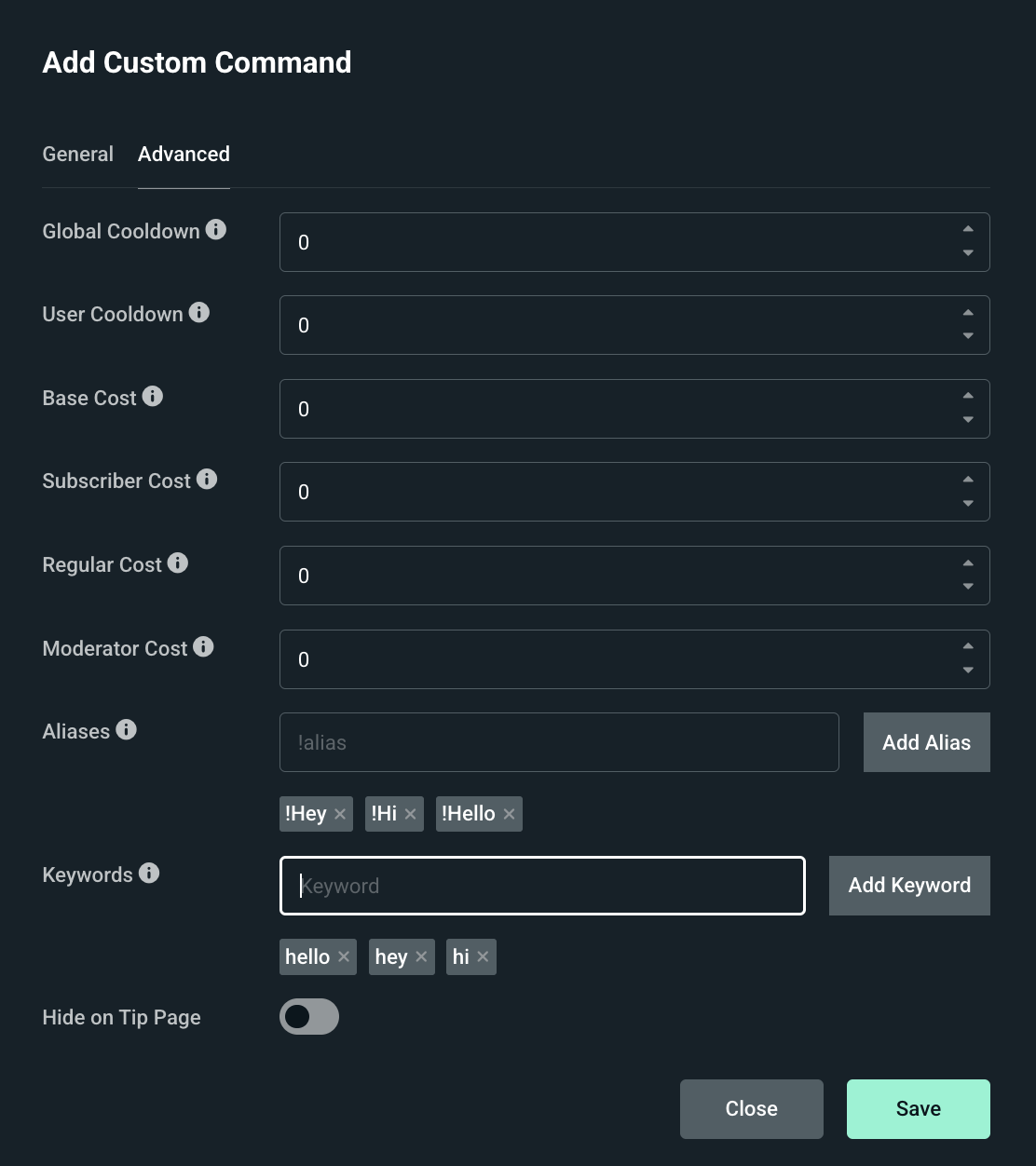 Advanced section of the custom commands dash in Cloudbot with hello, hey, and hi keywords added